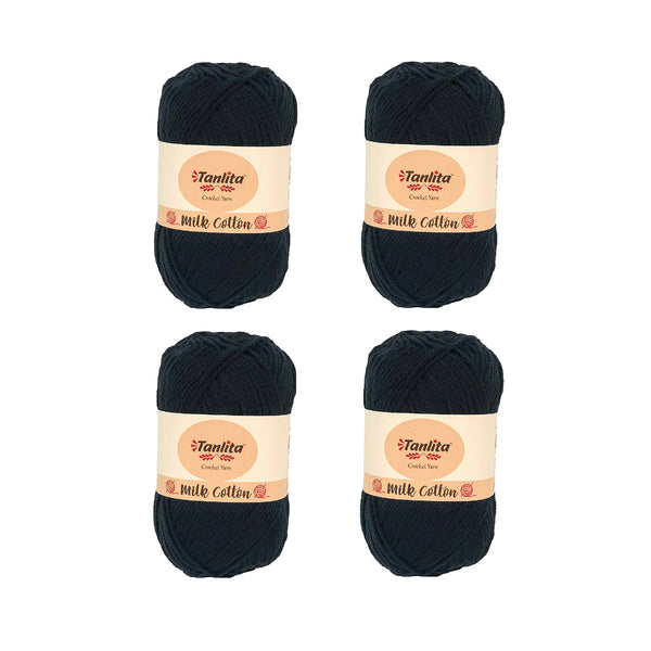 4 Roll Milk Cotton Crochet Yarn 200g, 440 Yards (21 Black)