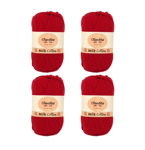 4 Roll Milk Cotton Crochet Yarn 200g, 440 Yards (69 Deep Red)