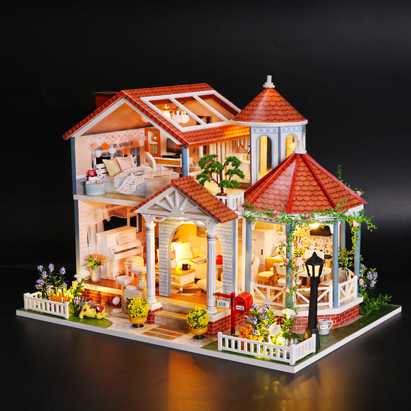 Miniature DIY Wooden Dollhouse Kit with Music Movement and LED and Dust Cover (L2001)