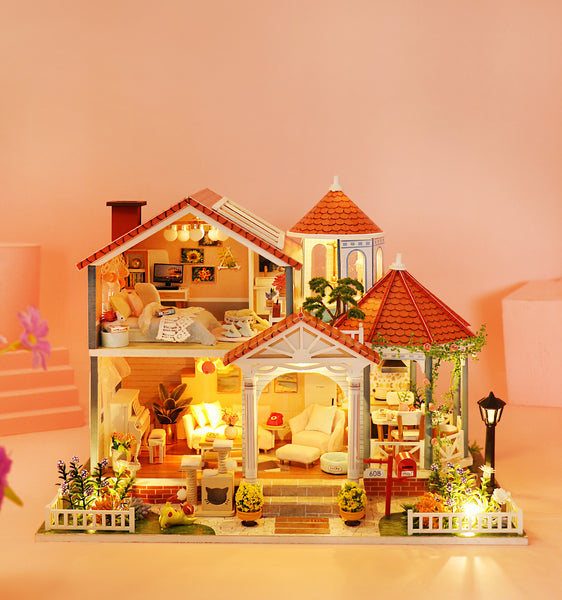 Miniature DIY Wooden Dollhouse Kit with Music Movement and LED and Dust Cover (L2001)