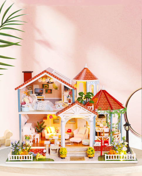 Miniature DIY Wooden Dollhouse Kit with Music Movement and LED and Dust Cover (L2001)