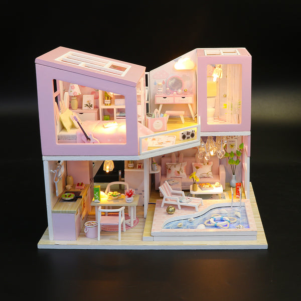 Miniature DIY Wooden Dollhouse Kit with Music Movement and LED and Dust Cover (M915)