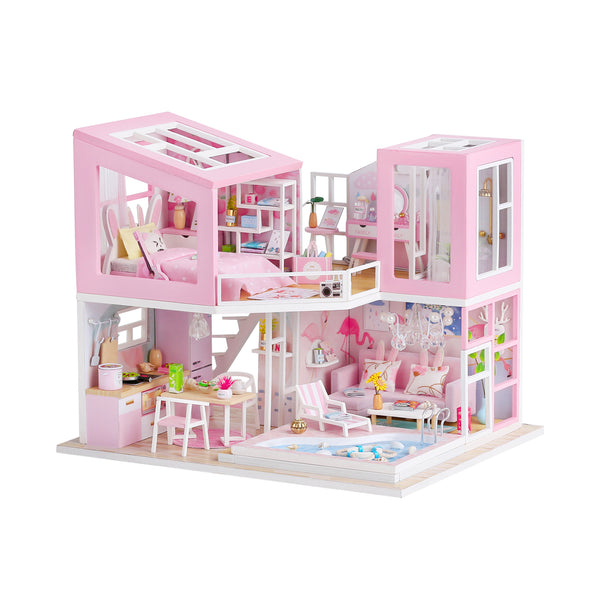 Miniature DIY Wooden Dollhouse Kit with Music Movement and LED and Dust Cover (M915)