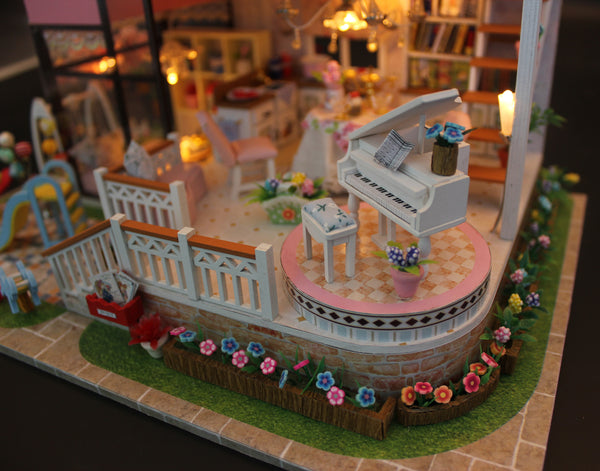 Miniature DIY Wooden Dollhouse Kit with Music Movement and LED and Dust Cover (L13846)