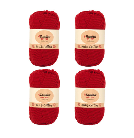 4 Roll Milk Cotton Crochet Yarn 200g, 440 Yards (69 Deep Red)
