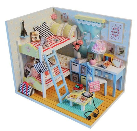 Miniature DIY Doll House Kit with Furniture and LED, Dust Cover. DIY Wooden House Kit (D014)